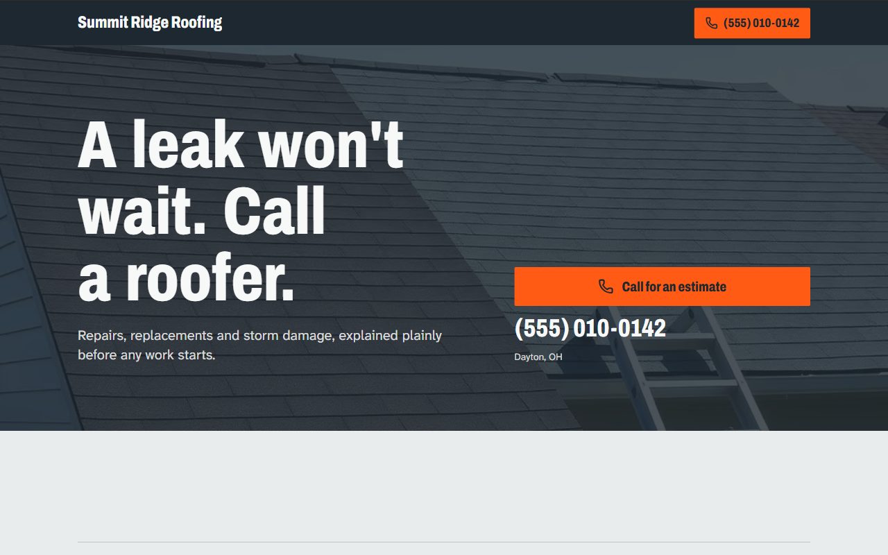 Screenshot of a sample roofing company website on a laptop
